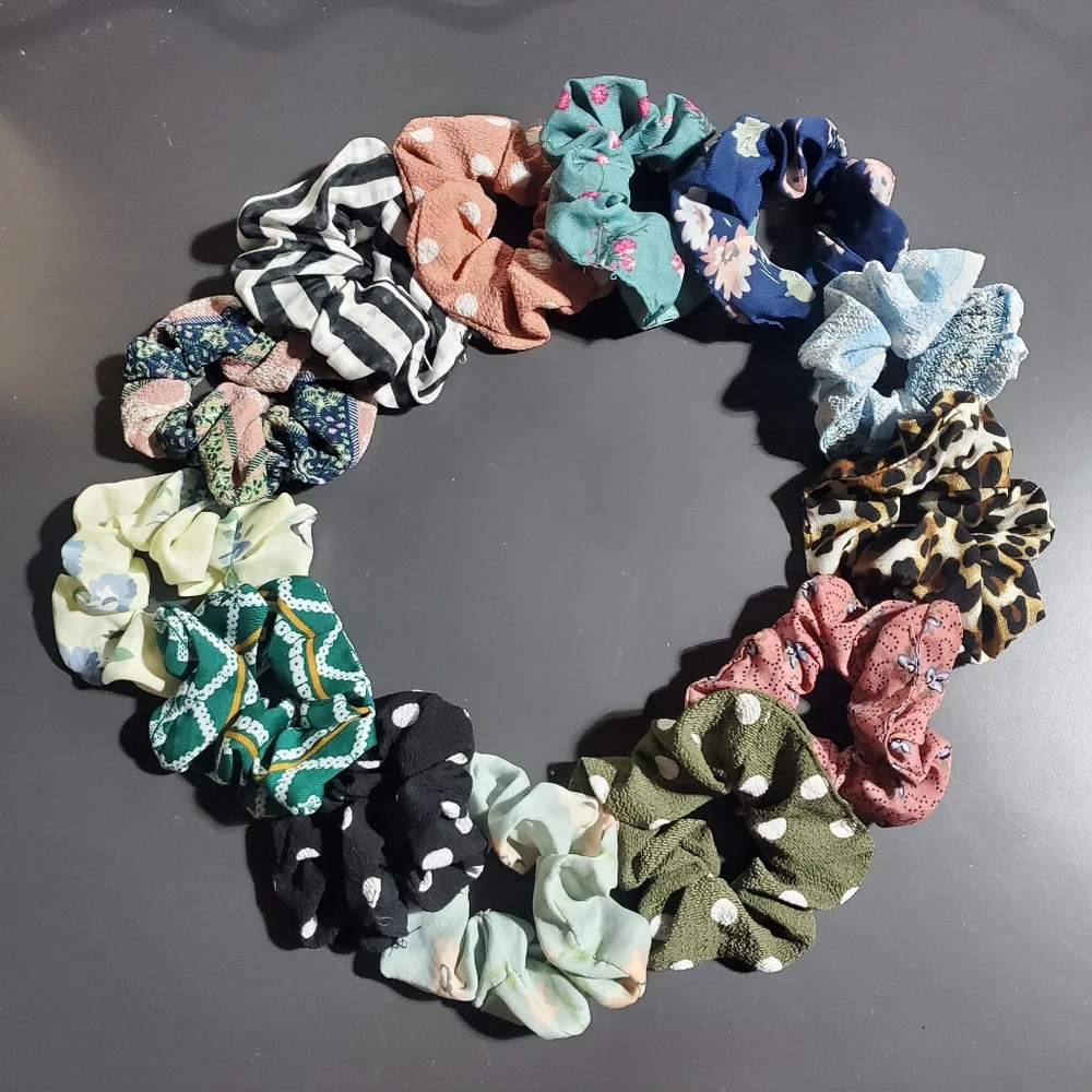 Textured Chiffon Scrunchies Multicolored Print Lot Of 13